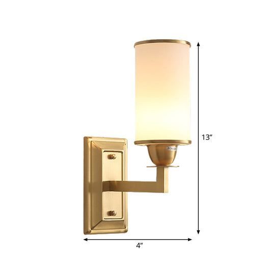 Traditional Metal Wall Lamp With Brass Sconce And Cylinder White Glass Shade