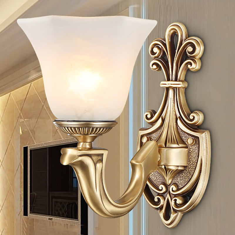 Traditional Opal Glass Trumpet Sconce Lamp With Brass Curved Arm - Wall Lighting Fixture