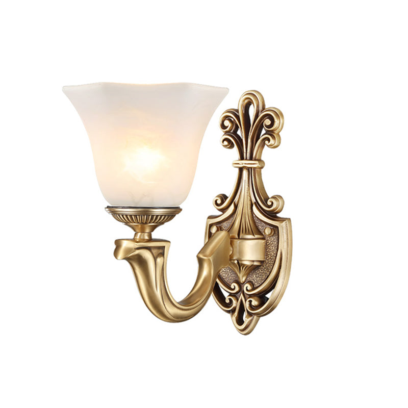 Traditional Opal Glass Trumpet Sconce Lamp With Brass Curved Arm - Wall Lighting Fixture