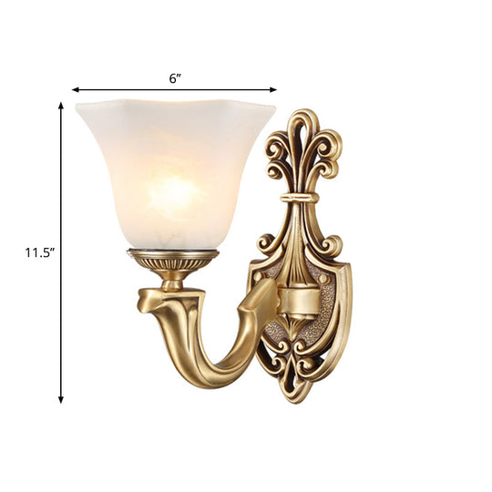 Traditional Opal Glass Trumpet Sconce Lamp With Brass Curved Arm - Wall Lighting Fixture