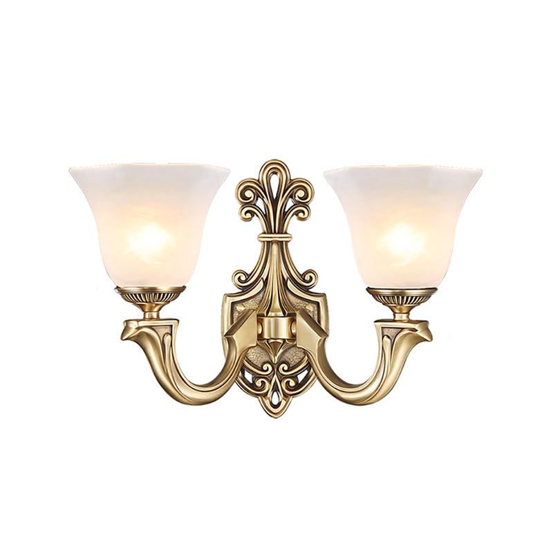 Traditional Opal Glass Trumpet Sconce Lamp With Brass Curved Arm - Wall Lighting Fixture