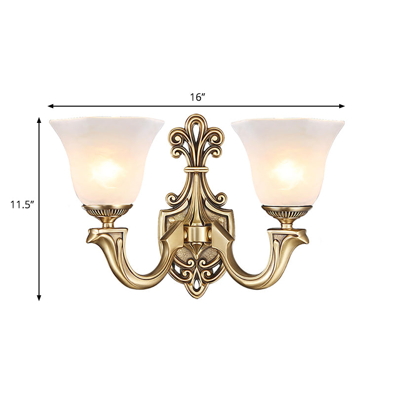 Traditional Opal Glass Trumpet Sconce Lamp With Brass Curved Arm - Wall Lighting Fixture