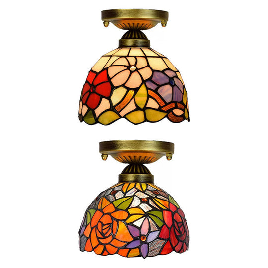 Tiffany Stained Glass Bedroom Ceiling Light: Antique Brass Semi-Flush Mount with Floral Shade