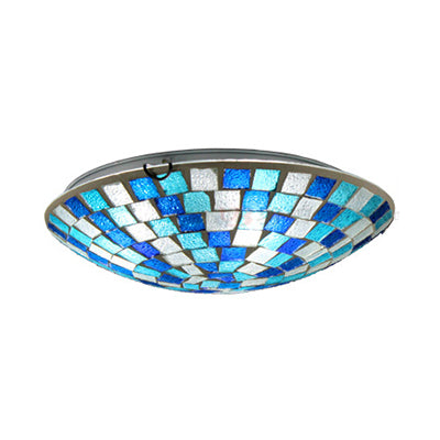 Tiffany Mosaic Glass Ceiling Light - Round Blue Flush Mount (12"/16" Width) - 1 Bulb