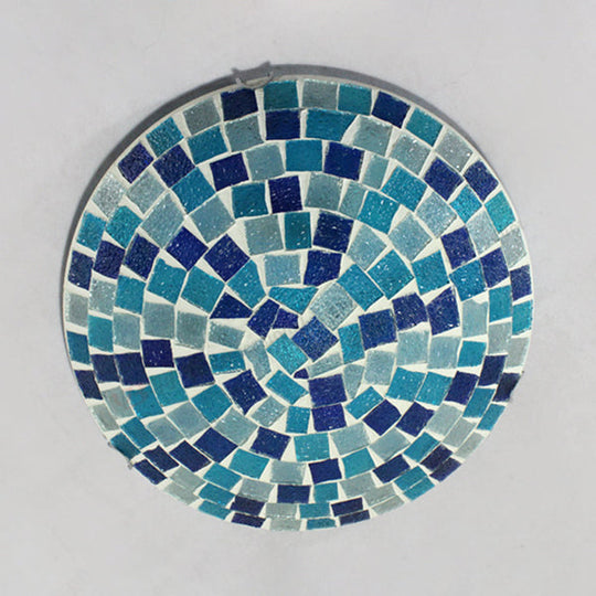 Tiffany Mosaic Glass Ceiling Light - Round Blue Flush Mount (12"/16" Width) - 1 Bulb