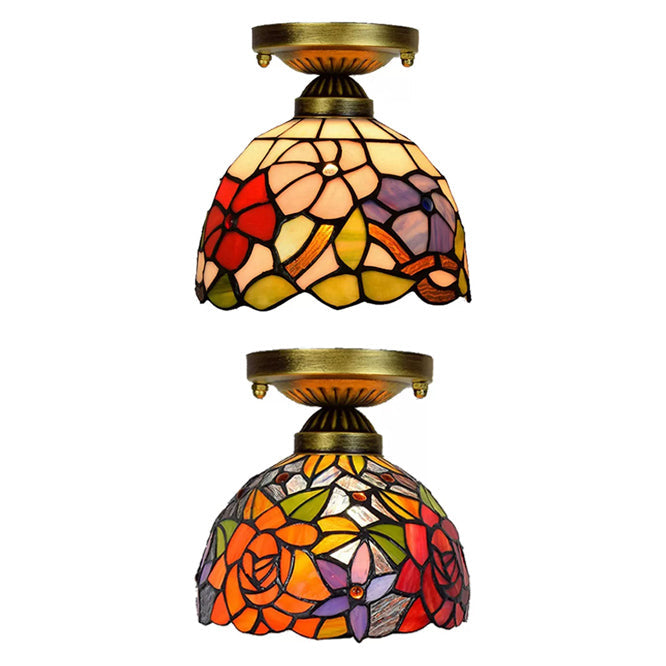 Tiffany Stained Glass Bedroom Ceiling Light: Antique Brass Semi-Flush Mount With Floral Shade