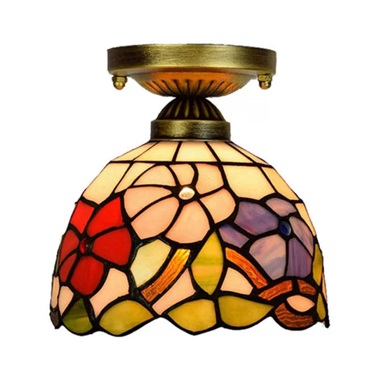 Tiffany Stained Glass Bedroom Ceiling Light: Antique Brass Semi-Flush Mount with Floral Shade