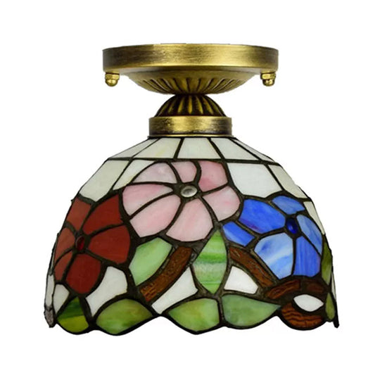 Tiffany Stained Glass Bedroom Ceiling Light: Antique Brass Semi-Flush Mount with Floral Shade