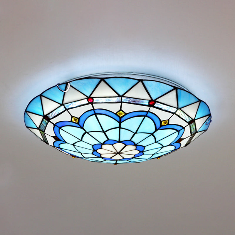 Vintage Stained Glass Flush Mount Ceiling Light in Blue - 12"/16" Bowl Shape