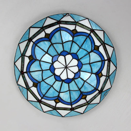 Vintage Stained Glass Flush Mount Ceiling Light In Blue - 12/16 Bowl Shape