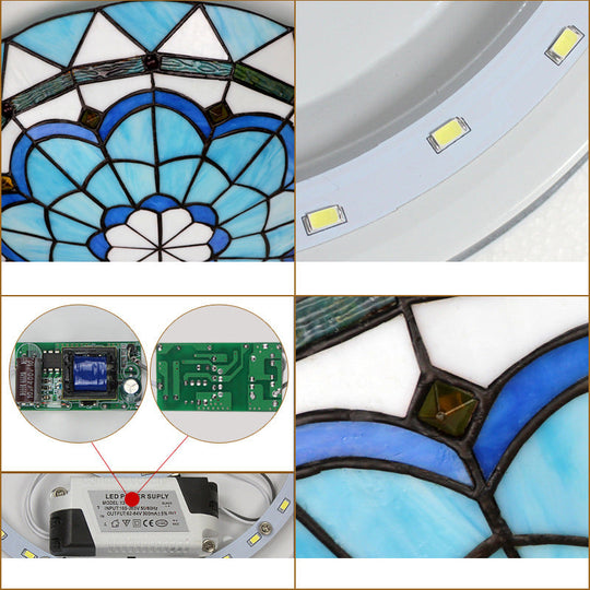 Vintage Stained Glass Flush Mount Ceiling Light in Blue - 12"/16" Bowl Shape