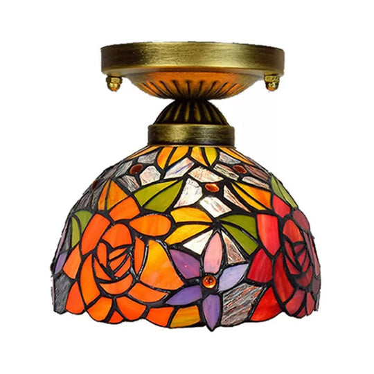 Tiffany Stained Glass Bedroom Ceiling Light: Antique Brass Semi-Flush Mount with Floral Shade