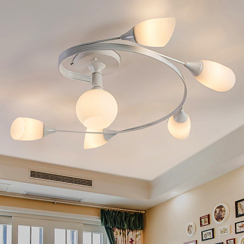 Twisted Living Room Semi Mount Lighting - Traditional Frosted Glass Ceiling Light with 4/6 Lights in Black or White