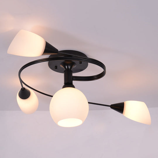 Twisted Living Room Semi Mount Lighting - Traditional Frosted Glass Ceiling Light with 4/6 Lights in Black or White