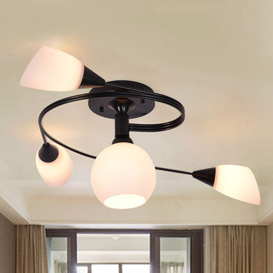 Twisted Living Room Semi Mount Lighting - Traditional Frosted Glass Ceiling Light with 4/6 Lights in Black or White