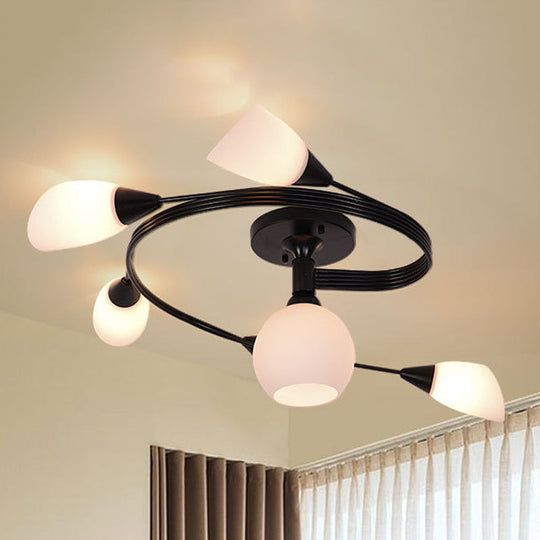 Twisted Living Room Semi Mount Lighting - Traditional Frosted Glass Ceiling Light with 4/6 Lights in Black or White