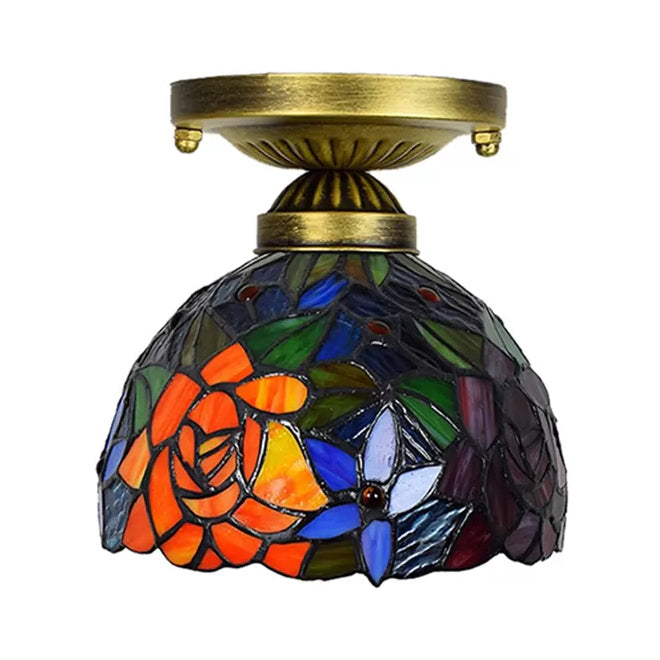 Tiffany Stained Glass Bedroom Ceiling Light: Antique Brass Semi-Flush Mount with Floral Shade