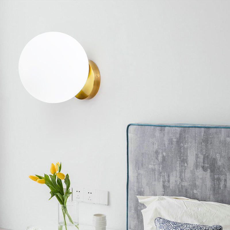 Minimalist Bedside Sconce Light With White Glass Ball And Gold Wall Mount