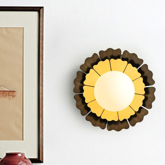 Sunflower Sconce Light Metallic Wall Lamp: Macaron Yellow 1-Light Matte White Glass Ball