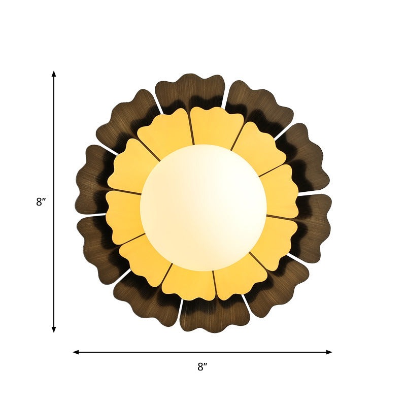 Sunflower Sconce Light Metallic Wall Lamp: Macaron Yellow 1-Light Matte White Glass Ball