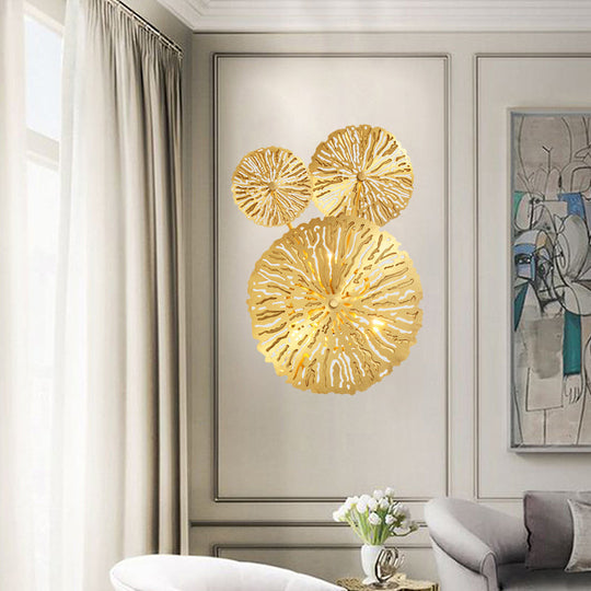 Brass Wall Mount Lamp Asian Style - 3/6/7 Heads Gold Finish Etched Lotus Leaf Sconce 3 /