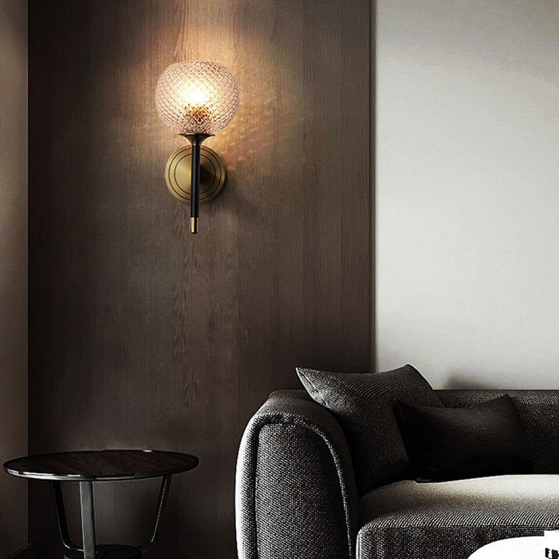 Sleek Glass Globe Wall Sconce: Ribbed Simplicity Brass Finish Mounted Light Fixture