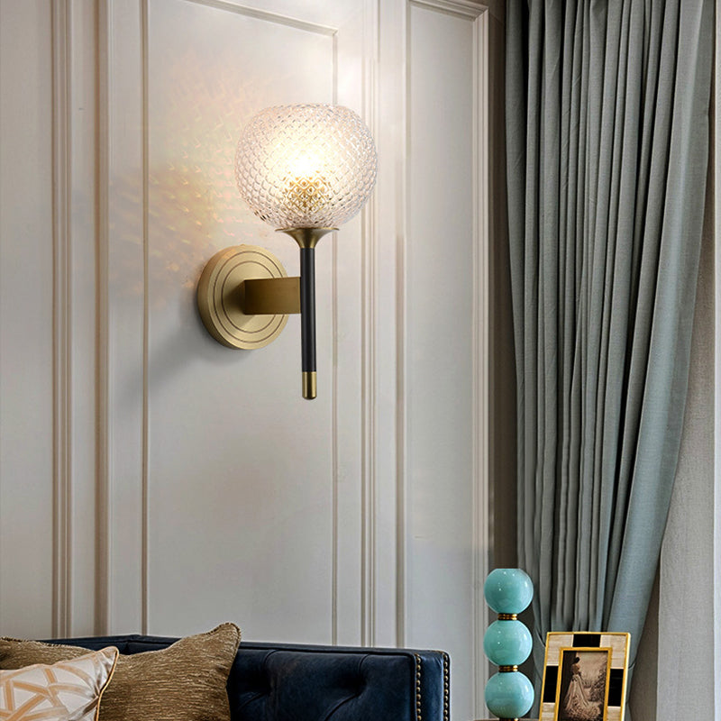 Sleek Glass Globe Wall Sconce: Ribbed Simplicity Brass Finish Mounted Light Fixture