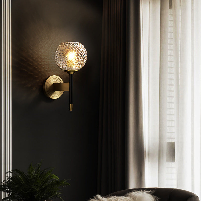 Sleek Glass Globe Wall Sconce: Ribbed Simplicity Brass Finish Mounted Light Fixture