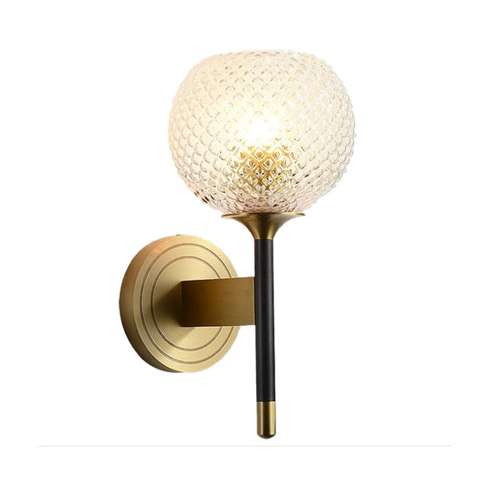 Sleek Glass Globe Wall Sconce: Ribbed Simplicity Brass Finish Mounted Light Fixture