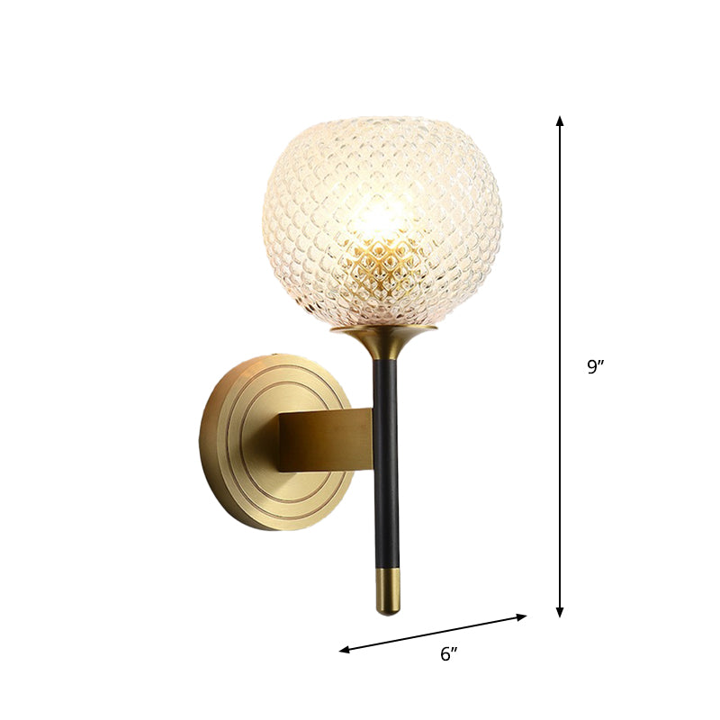 Sleek Glass Globe Wall Sconce: Ribbed Simplicity Brass Finish Mounted Light Fixture