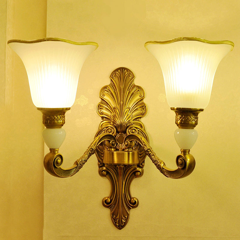 Traditional Style Petal Sconce Lamp With Frosted Glass And Gold Arm For Wall Lighting