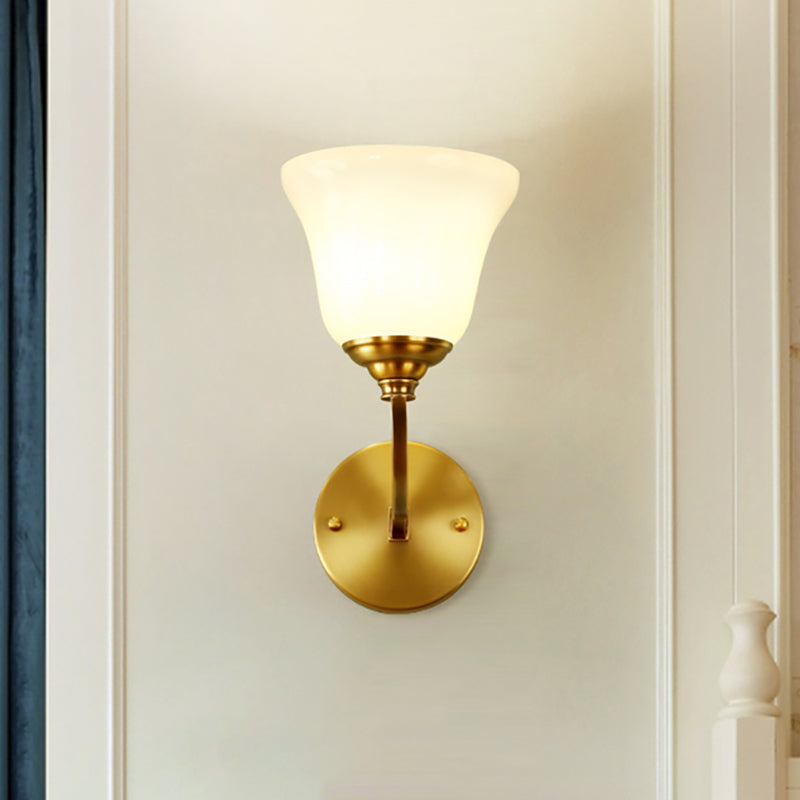 Colonial Style Gold Wall Sconce With Milk Glass Bell Shade - Perfect For Corridors