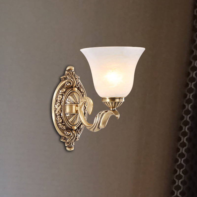 Vintage Style Floral Stairway Wall Sconce - Gold Metal 1-Light Lamp With Opal Glass Shade