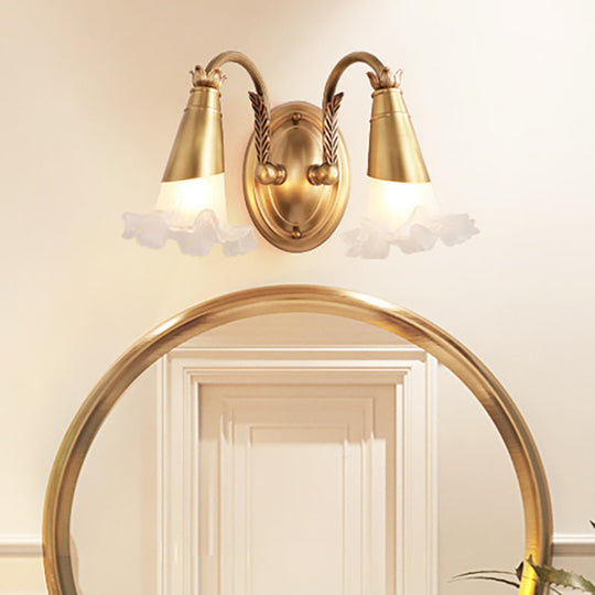 Traditional Flower Wall Lamp - 1/2-Light Frosted Glass Sconce In Gold For Bathroom