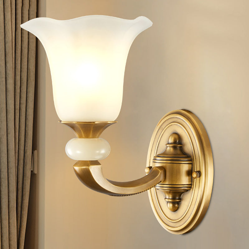 Milky Glass Petal Wall Sconce - Classic Style 1/2-Bulb Lamp With Gold Finish For Corridor