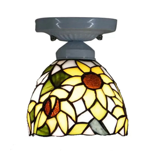 Tiffany Stained Glass Sunflower Ceiling Light for Bedroom - 9" High x 8" Diameter