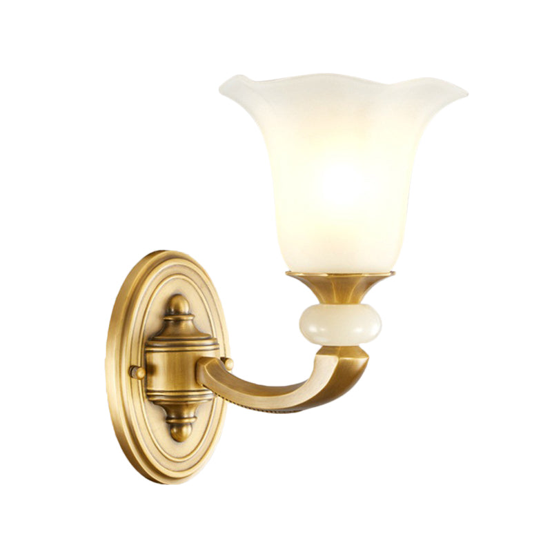 Milky Glass Petal Wall Sconce - Classic Style 1/2-Bulb Lamp With Gold Finish For Corridor