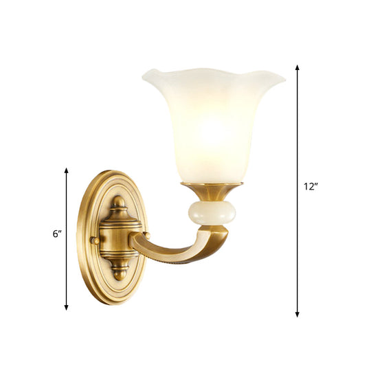 Milky Glass Petal Wall Sconce - Classic Style 1/2-Bulb Lamp With Gold Finish For Corridor