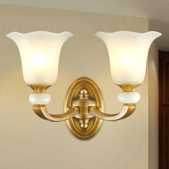 Milky Glass Petal Wall Sconce - Classic Style 1/2-Bulb Lamp With Gold Finish For Corridor 2 /