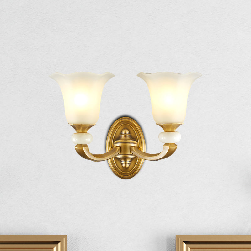 Milky Glass Petal Wall Sconce - Classic Style 1/2-Bulb Lamp With Gold Finish For Corridor