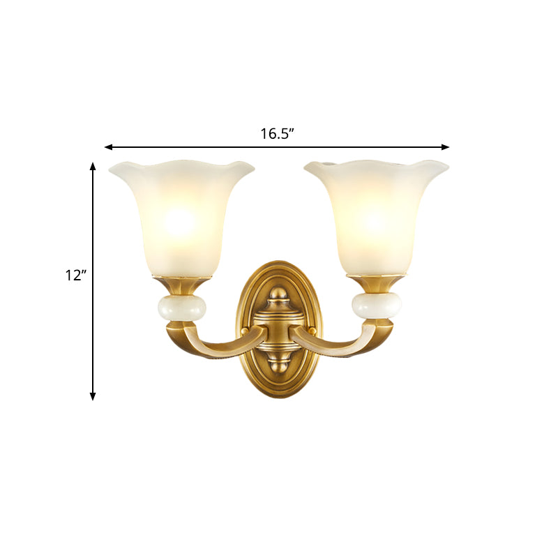 Milky Glass Petal Wall Sconce - Classic Style 1/2-Bulb Lamp With Gold Finish For Corridor