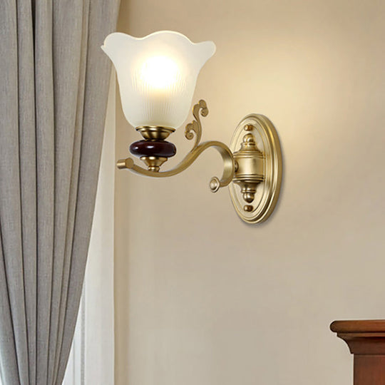 Stylish Bedroom Wall Sconce Light Fixture With Frosted Glass Petal Shade - Gold Tone 1 /