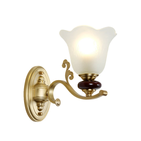 Stylish Bedroom Wall Sconce Light Fixture With Frosted Glass Petal Shade - Gold Tone