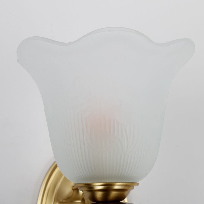 Stylish Bedroom Wall Sconce Light Fixture With Frosted Glass Petal Shade - Gold Tone