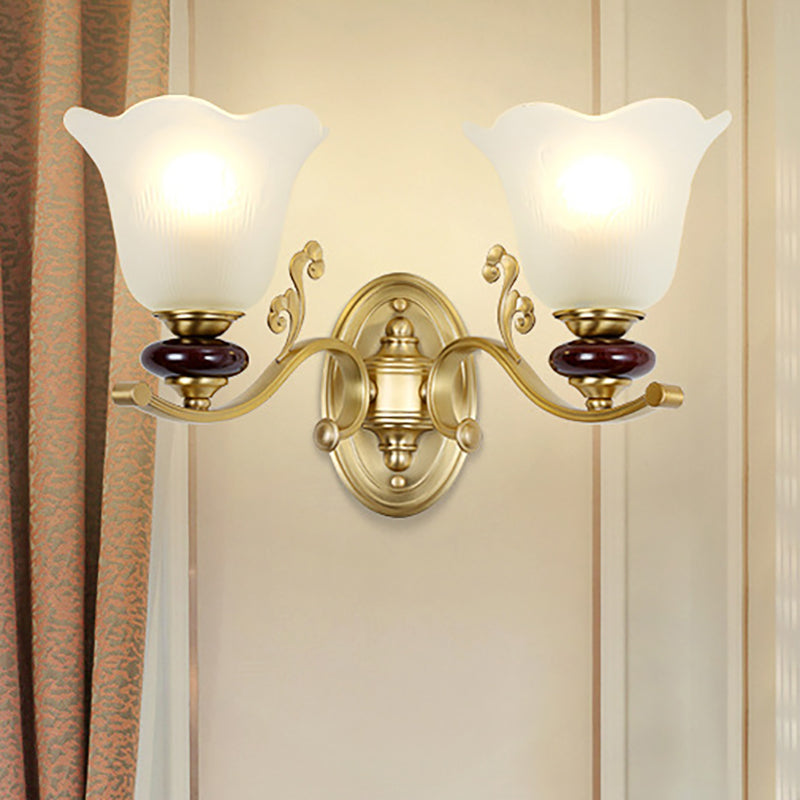 Stylish Bedroom Wall Sconce Light Fixture With Frosted Glass Petal Shade - Gold Tone 2 /