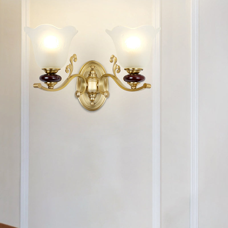 Stylish Bedroom Wall Sconce Light Fixture With Frosted Glass Petal Shade - Gold Tone