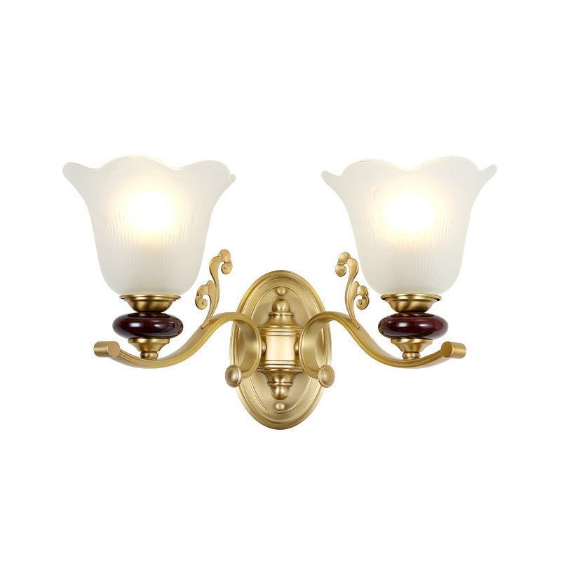 Stylish Bedroom Wall Sconce Light Fixture With Frosted Glass Petal Shade - Gold Tone