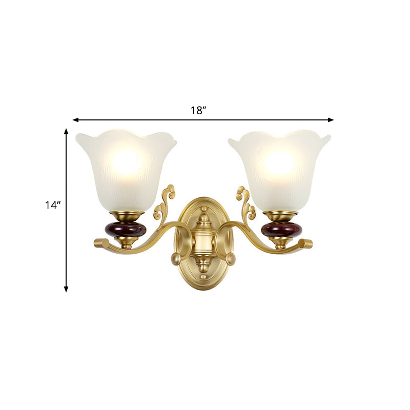 Stylish Bedroom Wall Sconce Light Fixture With Frosted Glass Petal Shade - Gold Tone