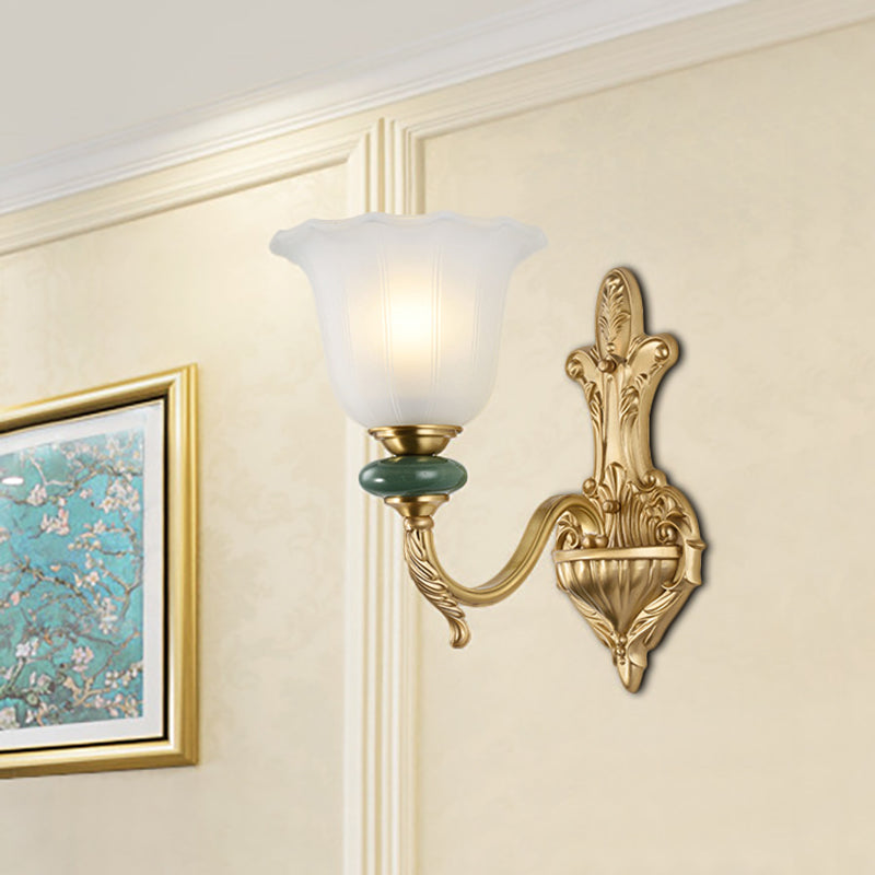 Golden Curved Arm Vintage-Style 1/2-Head Bell Wall Light Sconce With Opal Glass Perfect Bedside