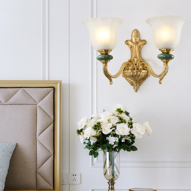 Golden Curved Arm Vintage-Style 1/2-Head Bell Wall Light Sconce With Opal Glass Perfect Bedside